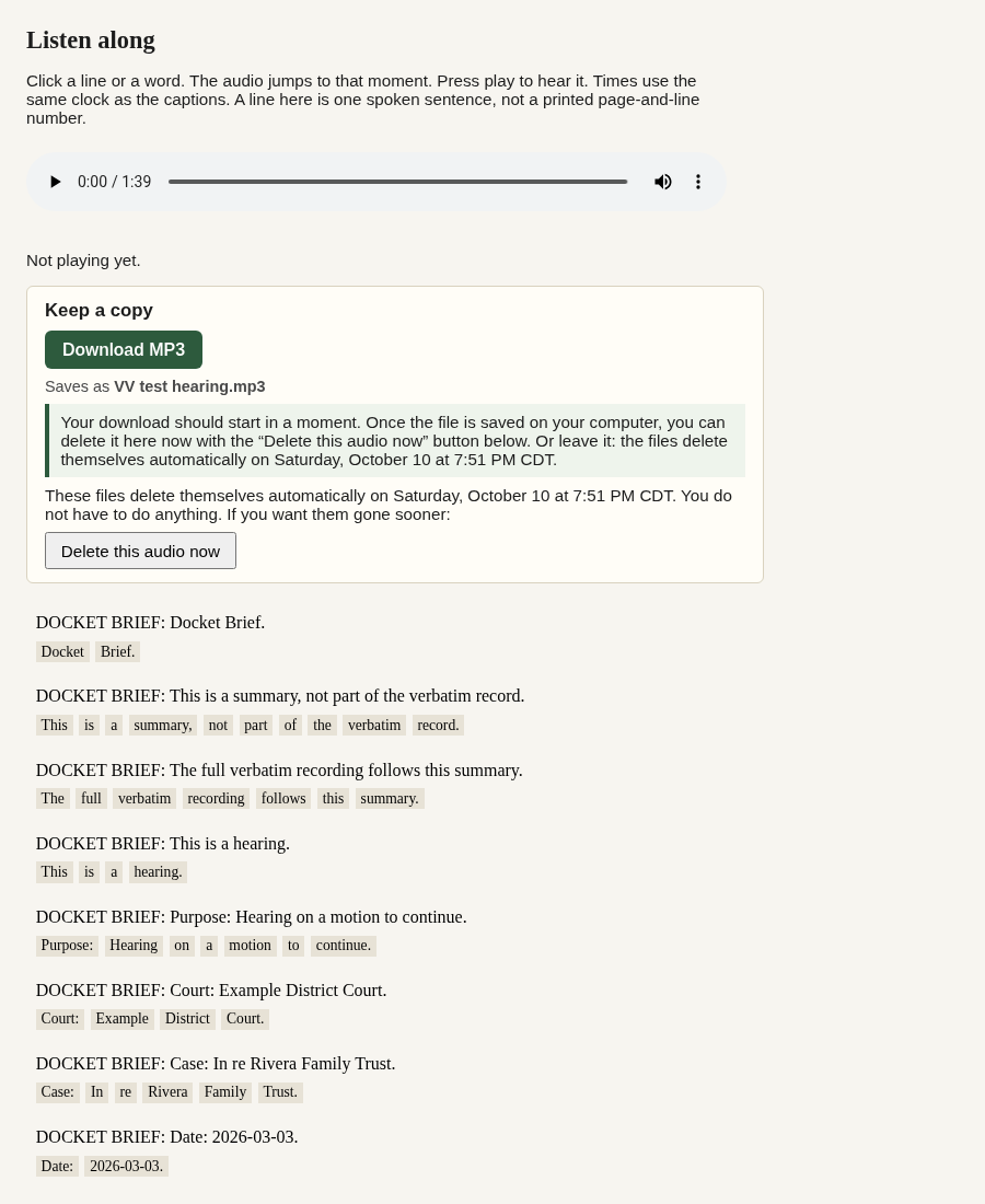 The listen page after pressing Download MP3. A note says the download should start in a moment, that you can delete now once the file is saved, or leave it and the files delete themselves automatically at the time shown.